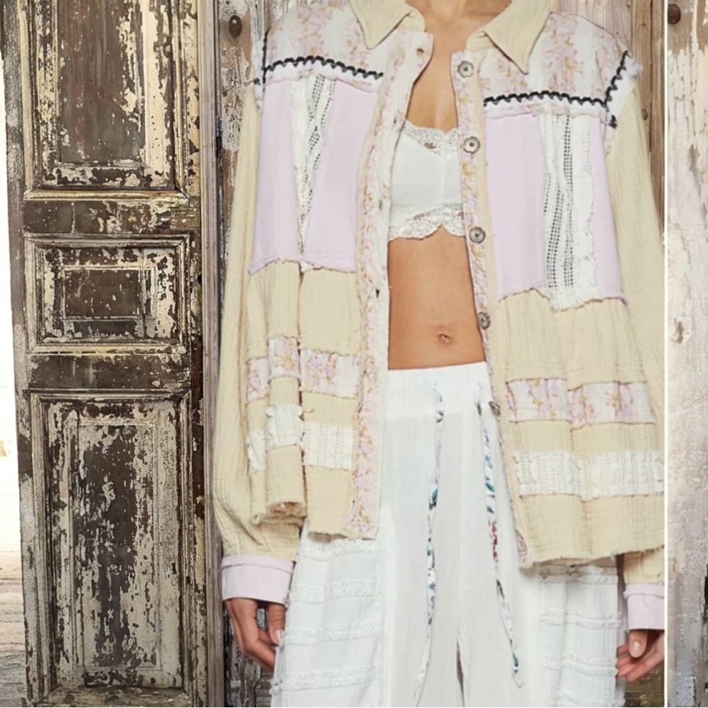 POL Patchwork Button-Down Shirt in Cream and Lavender